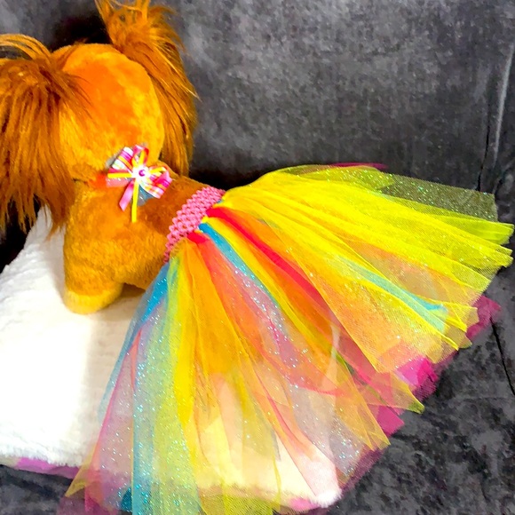 Over the Rainbow 🌈 Shimmer Doggy Tutu with Matching Hair Bow or Collar Clip - Picture 1 of 5